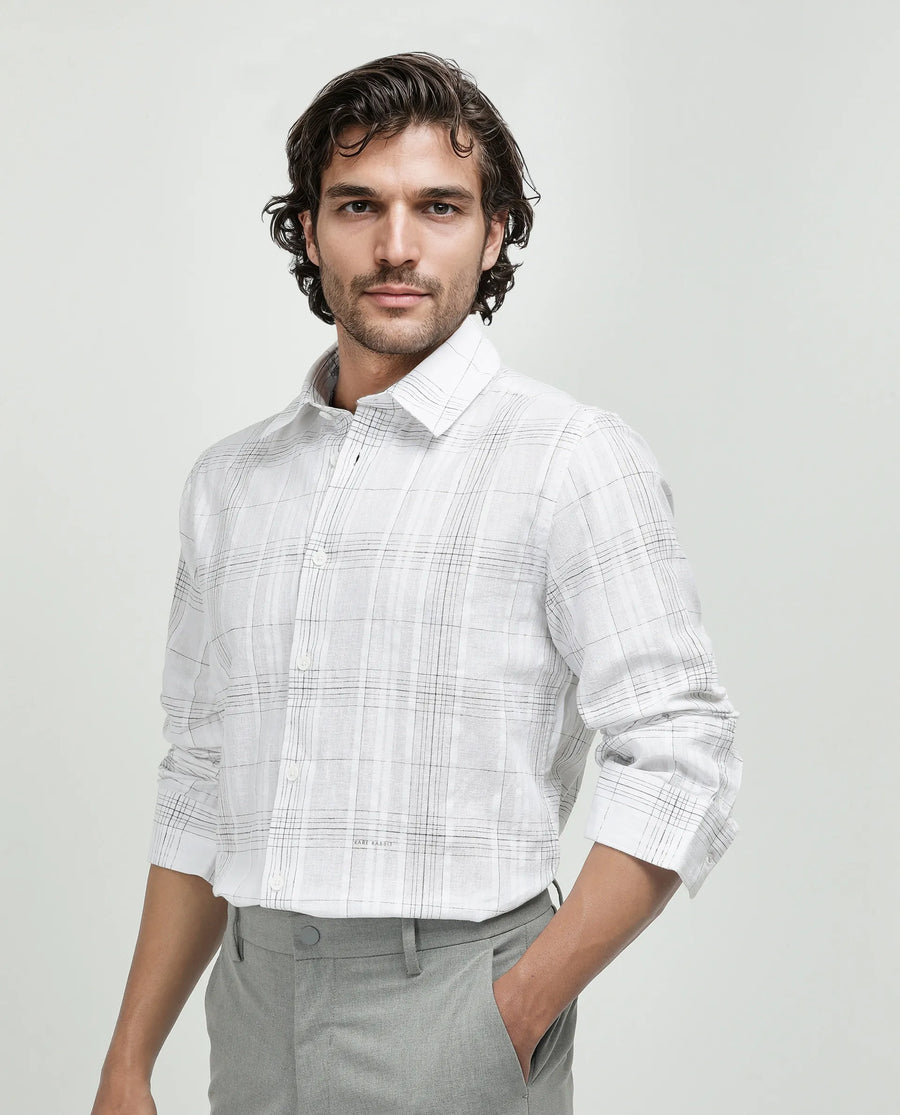 Rare Rabbit Men's Cols White Cotton Checked Print Relaxed Fit Full Sleeve Collared Shirt