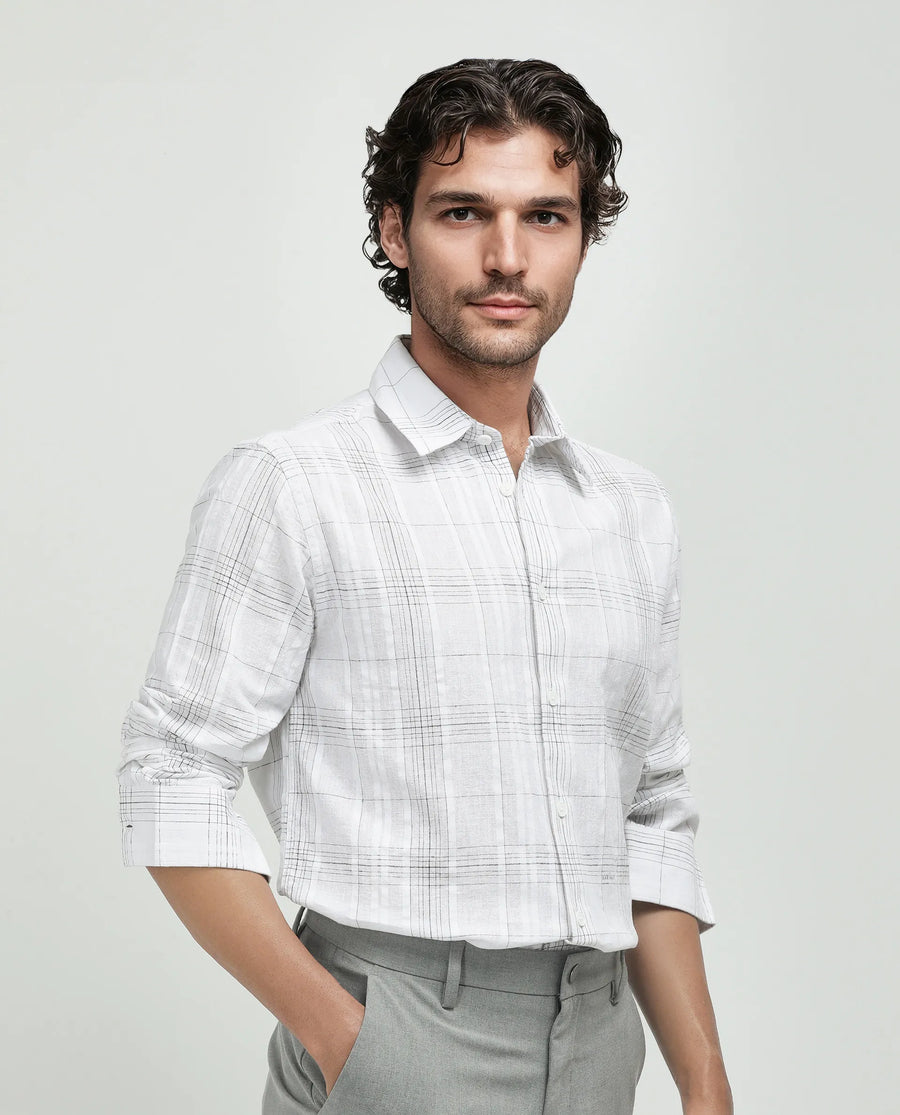 Rare Rabbit Men's Cols White Cotton Checked Print Relaxed Fit Full Sleeve Collared Shirt
