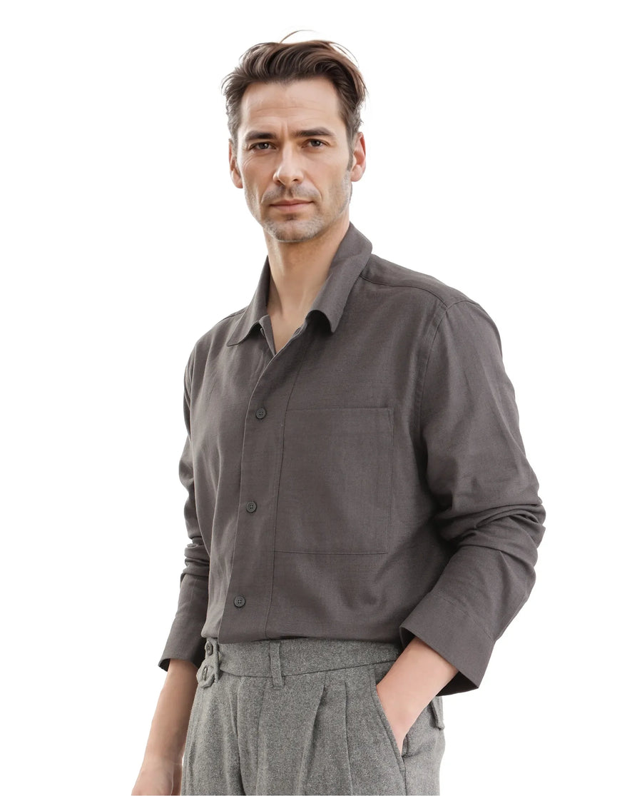 Rare Rabbit Men's Combi Dark Grey Cotton Blend Plain Regular Fit Full Sleeve Collared Shirt