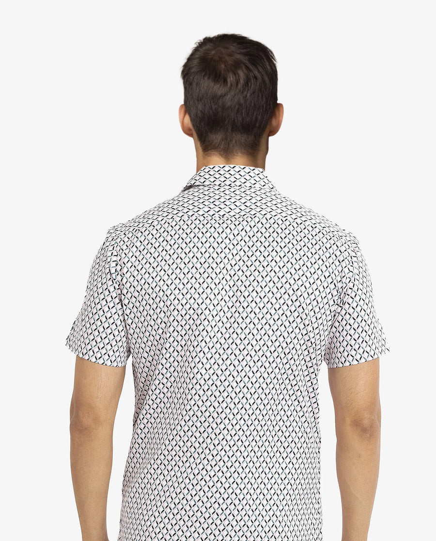 Rare Rabbit Men's Comet White Cotton Geometric Print Regular Fit Half Sleeve Cuban Collar Shirt