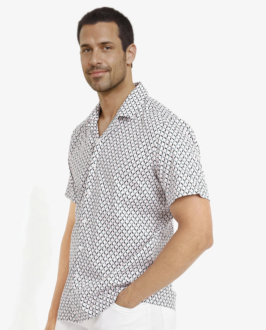 Rare Rabbit Men's Comet White Cotton Geometric Print Regular Fit Half Sleeve Cuban Collar Shirt