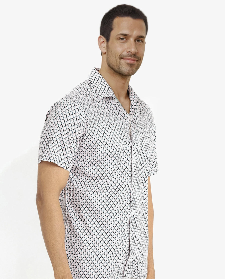 Rare Rabbit Men's Comet White Cotton Geometric Print Regular Fit Half Sleeve Cuban Collar Shirt