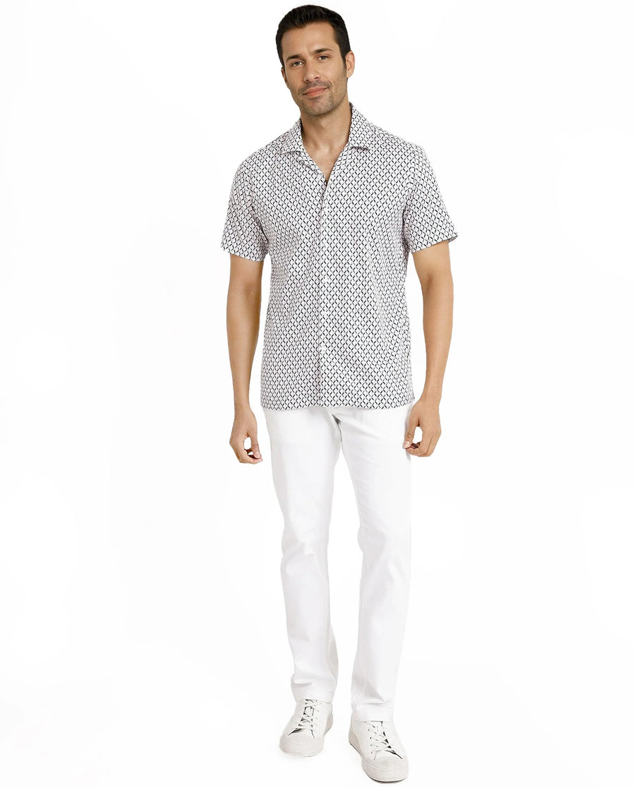 Rare Rabbit Men's Comet White Cotton Geometric Print Regular Fit Half Sleeve Cuban Collar Shirt