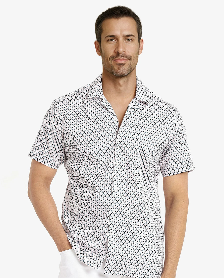 Rare Rabbit Men's Comet White Cotton Geometric Print Regular Fit Half Sleeve Cuban Collar Shirt