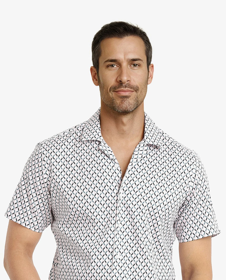 Rare Rabbit Men's Comet White Cotton Geometric Print Regular Fit Half Sleeve Cuban Collar Shirt