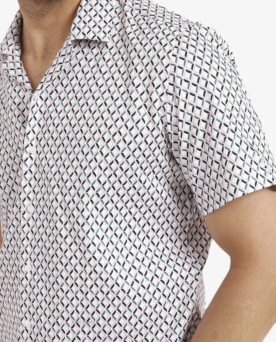 Rare Rabbit Men's Comet White Cotton Geometric Print Regular Fit Half Sleeve Cuban Collar Shirt
