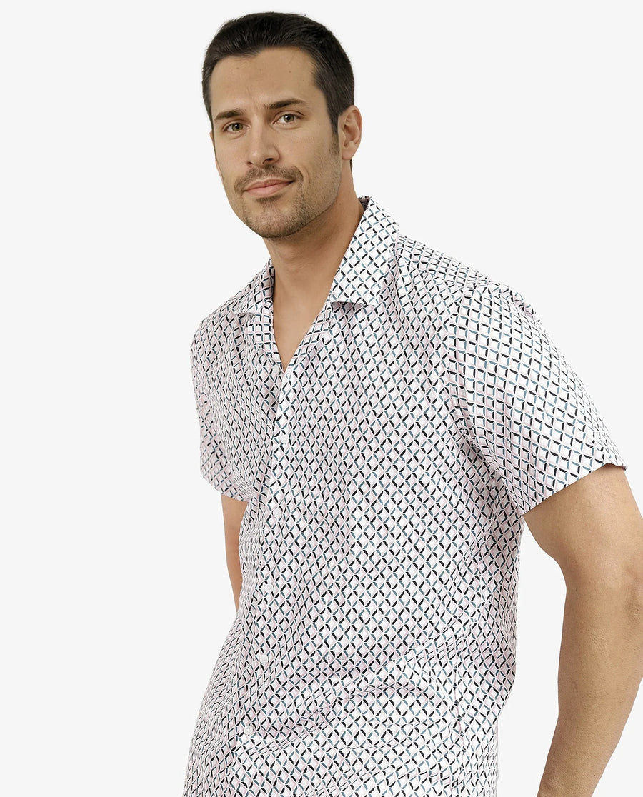 Rare Rabbit Men's Comet White Cotton Geometric Print Regular Fit Half Sleeve Cuban Collar Shirt
