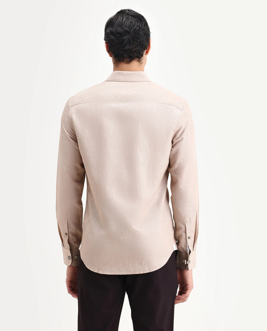 Rare Rabbit Men's Commas Light Beige Linen Blend Plain Regular Fit Full Sleeve Collared Shirt