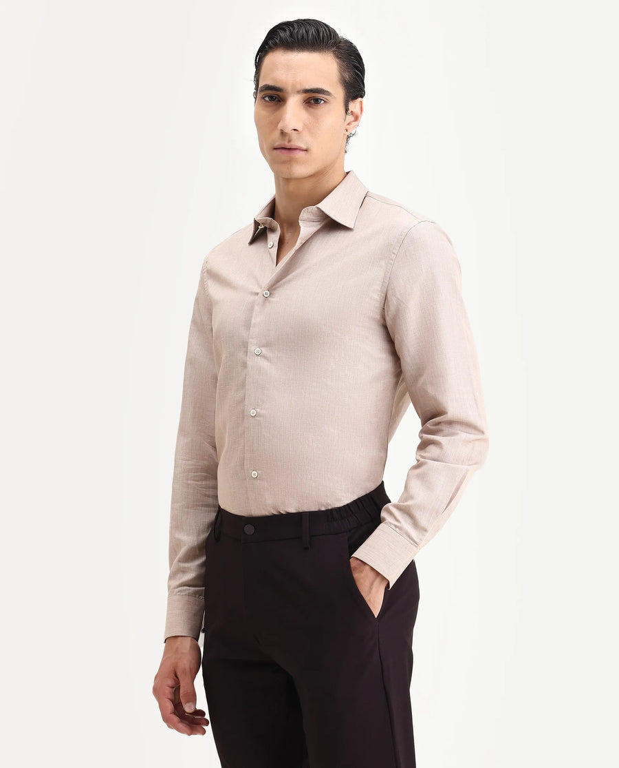 Rare Rabbit Men's Commas Light Beige Linen Blend Plain Regular Fit Full Sleeve Collared Shirt