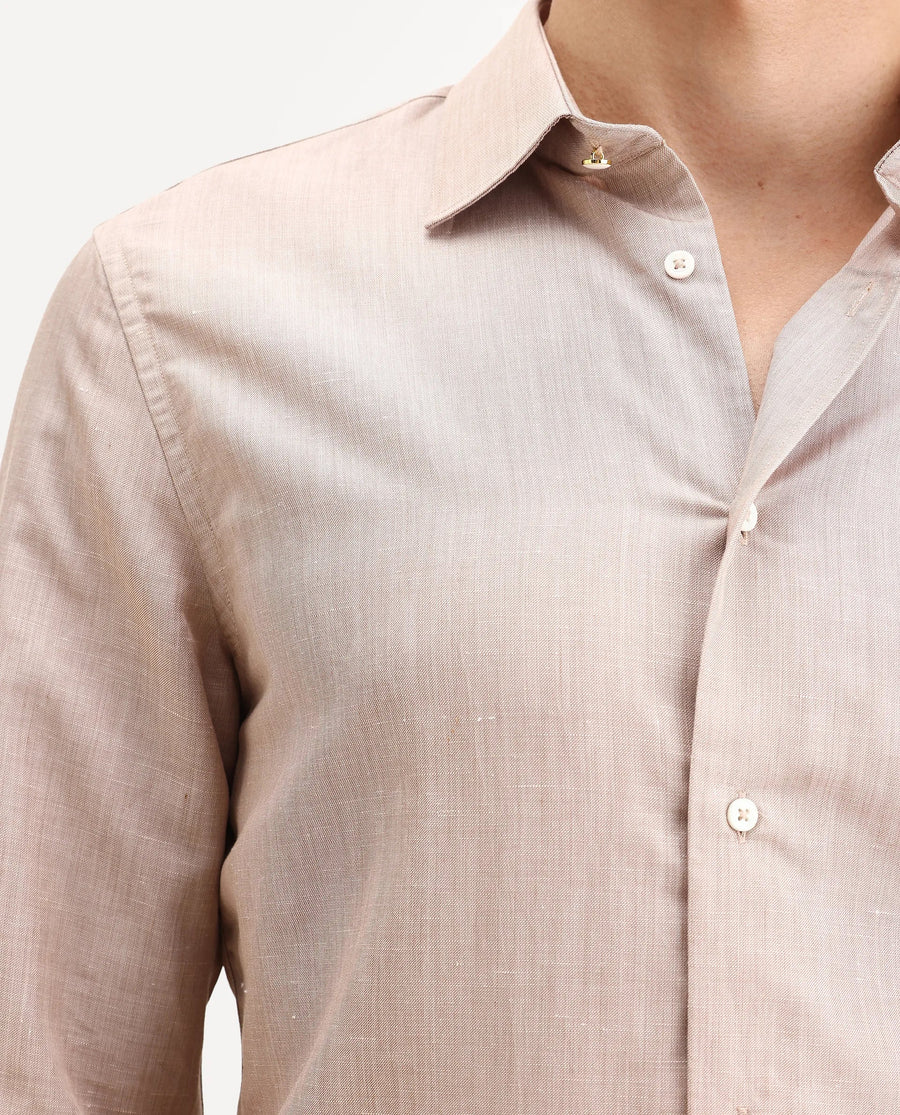 Rare Rabbit Men's Commas Light Beige Linen Blend Plain Regular Fit Full Sleeve Collared Shirt