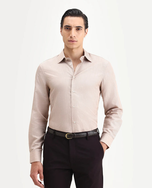 Rare Rabbit Men's Commas Light Beige Linen Blend Plain Regular Fit Full Sleeve Collared Shirt
