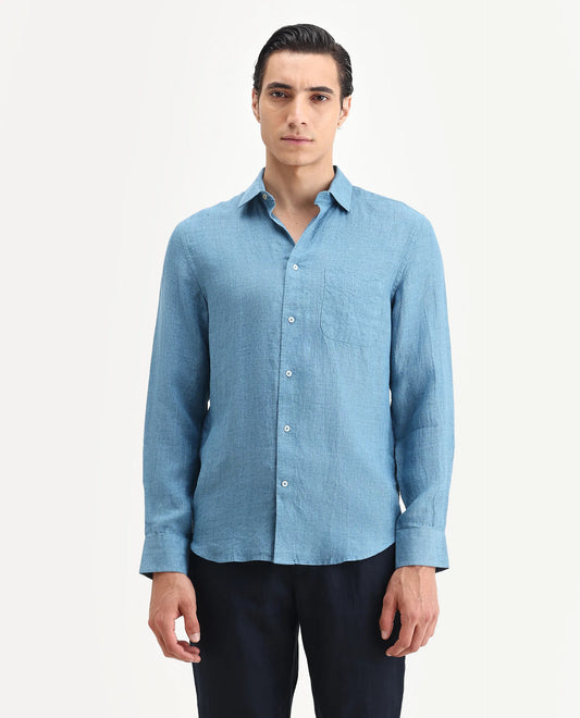 Rare Rabbit Men's Borium Ls-25 Dusky Blue 100% Linen Plain Regular Fit Full Sleeve Collared Shirt