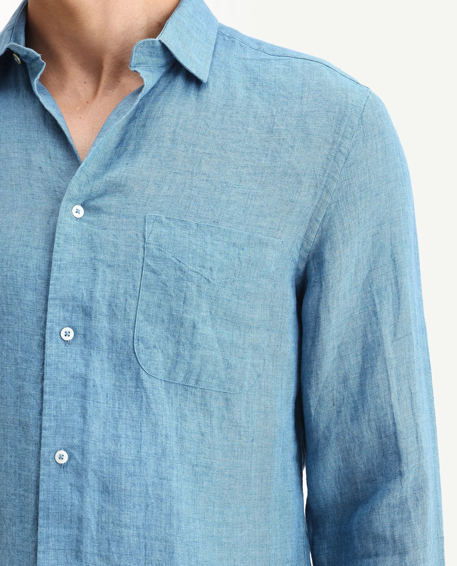 Rare Rabbit Men's Borium Ls-25 Dusky Blue 100% Linen Plain Regular Fit Full Sleeve Collared Shirt