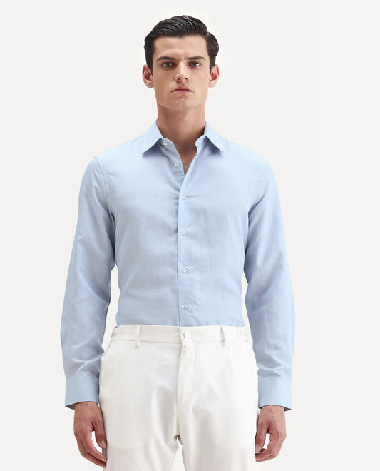 Rare Rabbit Men's Commas Light Blue Linen Blend Plain Regular Fit Full Sleeve Collared Shirt