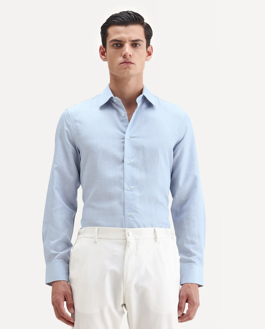 Rare Rabbit Men's Commas Light Blue Linen Blend Plain Regular Fit Full Sleeve Collared Shirt