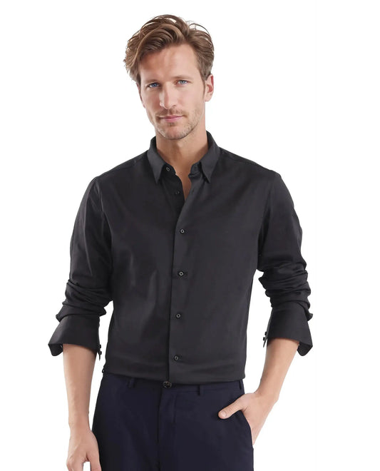 Rare Rabbit Men's Como Black Satin Plain Regular Fit Full Sleeve Collared Shirt