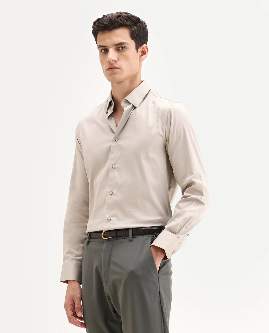 Rare Rabbit Men's Como-25 Light Beige Cotton Blend Plain Regular Fit Full Sleeve Collared Shirt