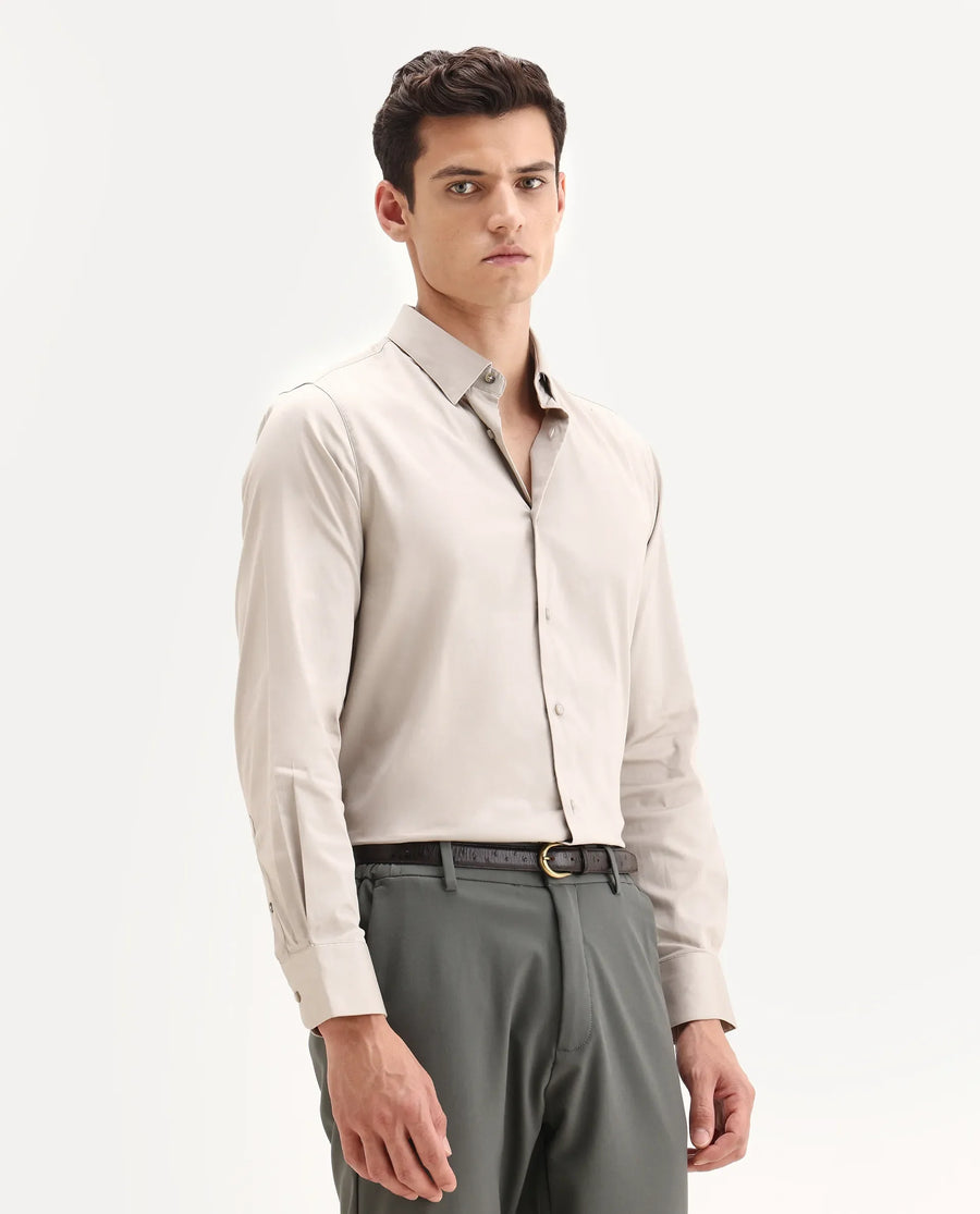 Rare Rabbit Men's Como-25 Light Beige Cotton Blend Plain Regular Fit Full Sleeve Collared Shirt