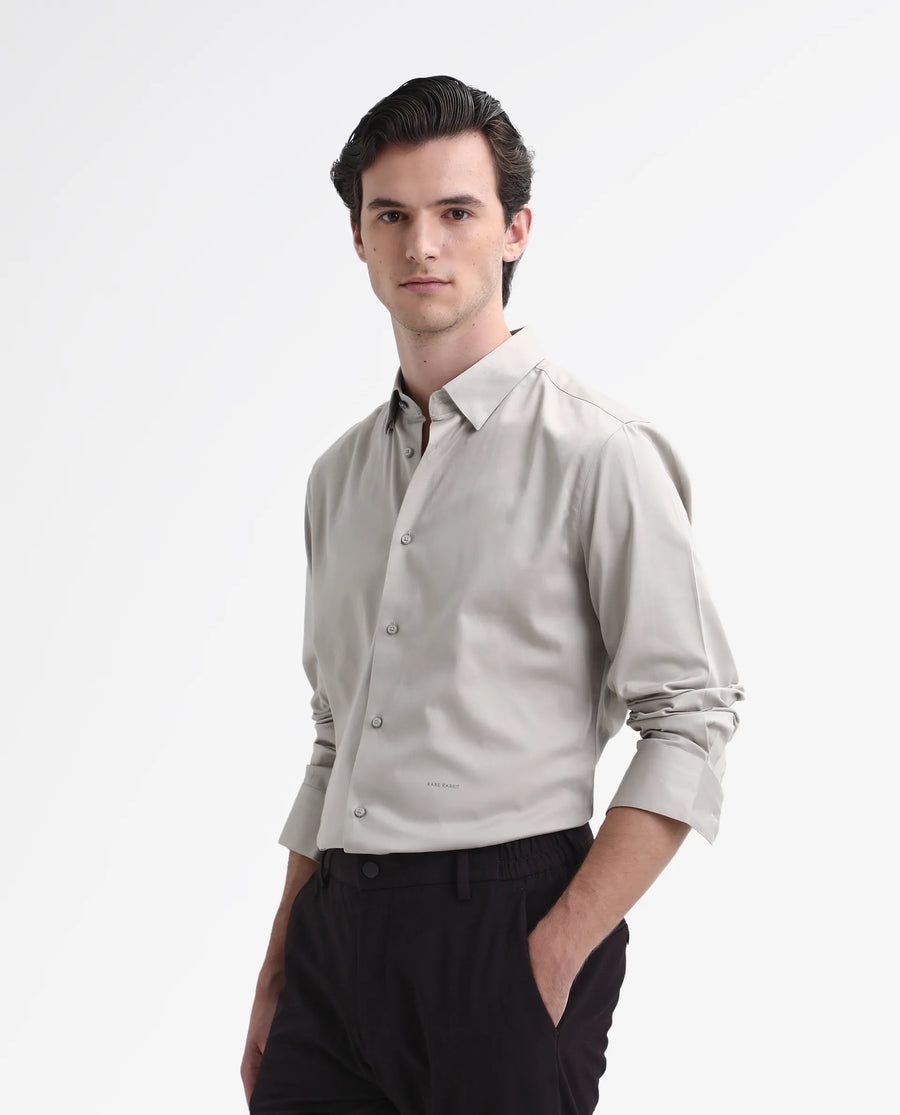 Rare Rabbit Men's Como-26 Light Beige Satin Plain Regular Fit Full Sleeve Collared Shirt