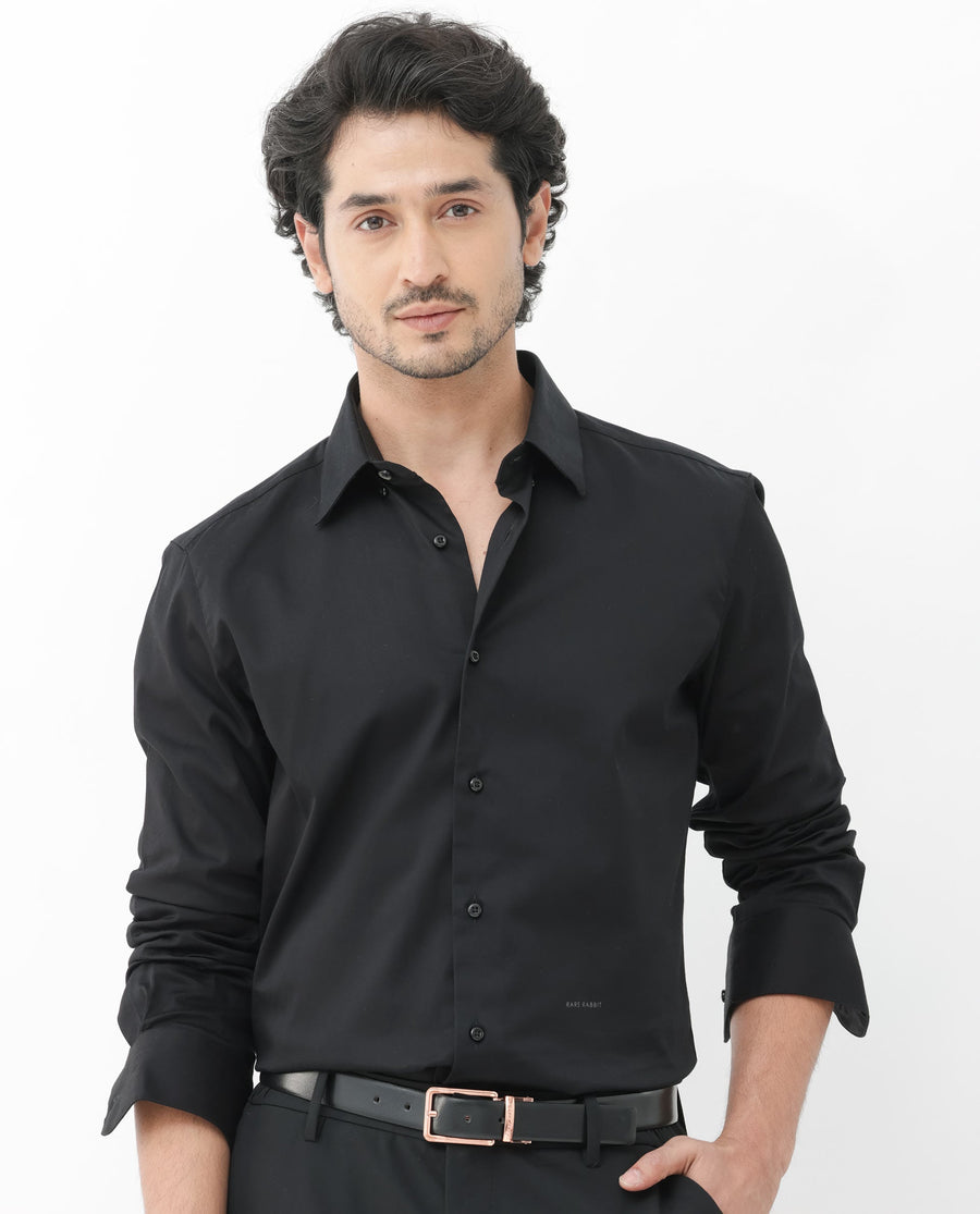 Rare Rabbit Men's Como-4 Black Cotton Plain Regular Fit Full Sleeve Collared Shirt