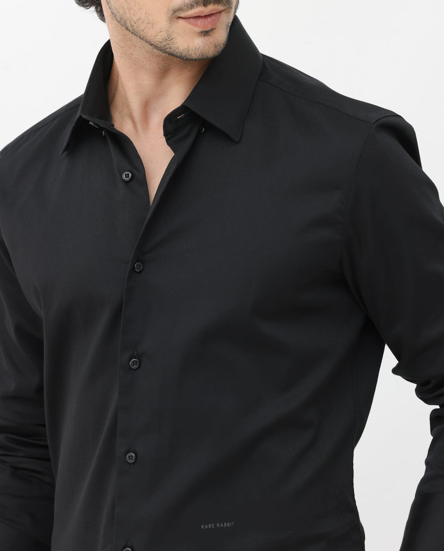 Rare Rabbit Men's Como-4 Black Cotton Plain Regular Fit Full Sleeve Collared Shirt
