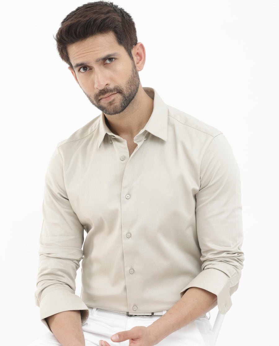 Rare Rabbit Men's Como 4 Dusky Beige Cotton Plain Regular Fit Full Sleeve Collared Shirt