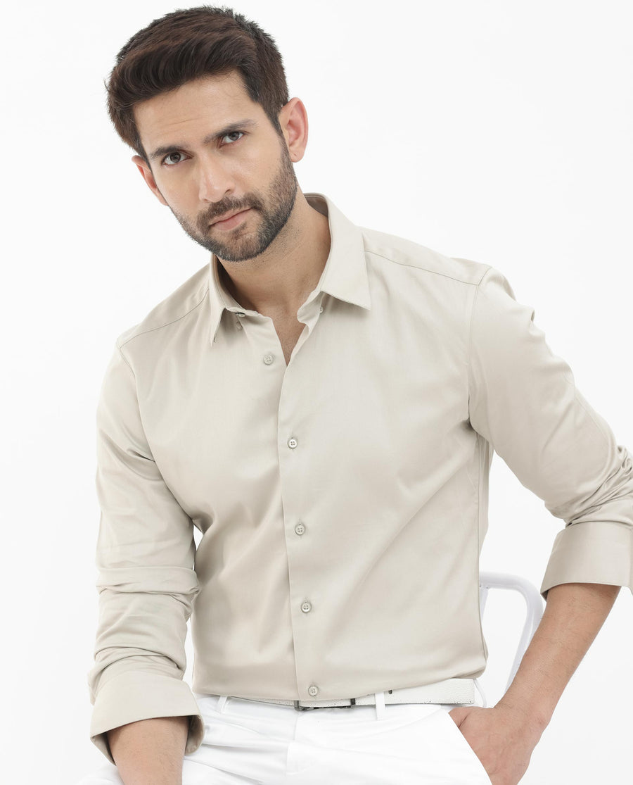 Rare Rabbit Men's Como 4 Dusky Beige Cotton Plain Regular Fit Full Sleeve Collared Shirt