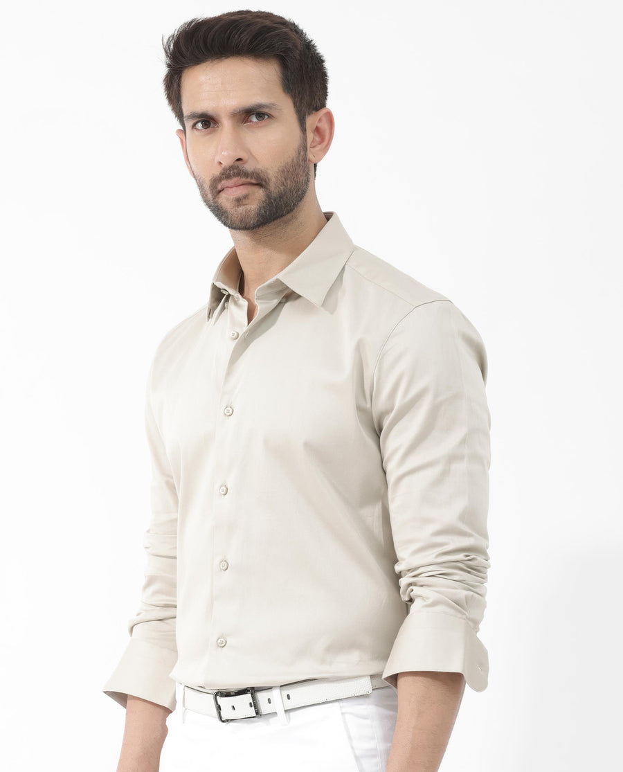 Rare Rabbit Men's Como 4 Dusky Beige Cotton Plain Regular Fit Full Sleeve Collared Shirt