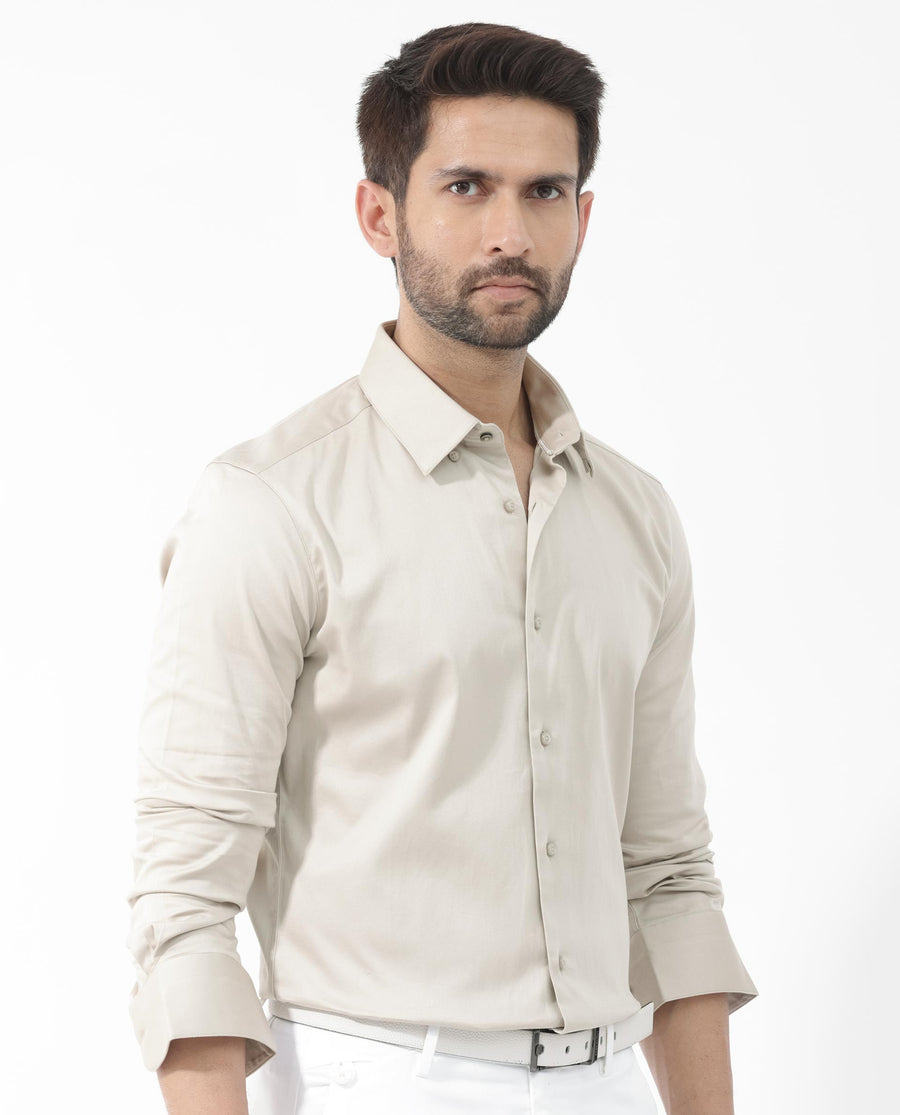 Rare Rabbit Men's Como 4 Dusky Beige Cotton Plain Regular Fit Full Sleeve Collared Shirt
