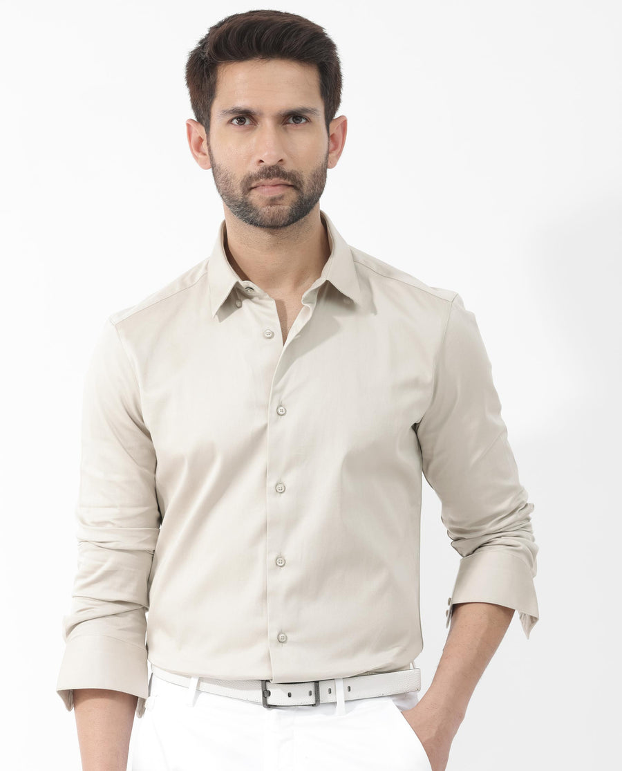 Rare Rabbit Men's Como 4 Dusky Beige Cotton Plain Regular Fit Full Sleeve Collared Shirt
