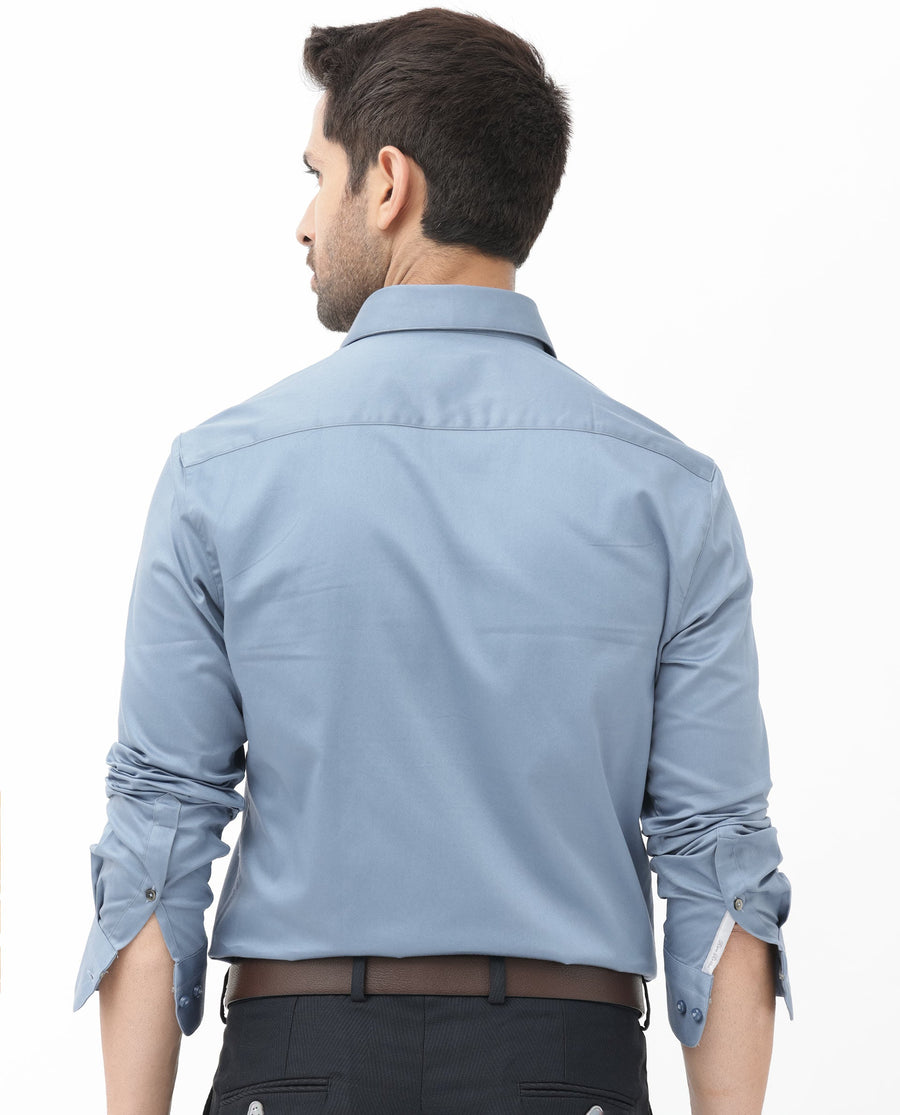 Rare Rabbit Men's Como4 Dusky Blue Cotton Plain Regular Fit Full Sleeve Collared Shirt