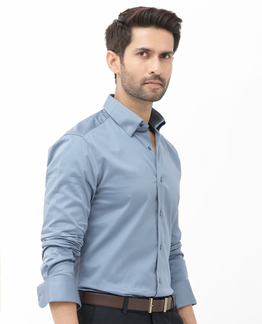 Rare Rabbit Men's Como4 Dusky Blue Cotton Plain Regular Fit Full Sleeve Collared Shirt