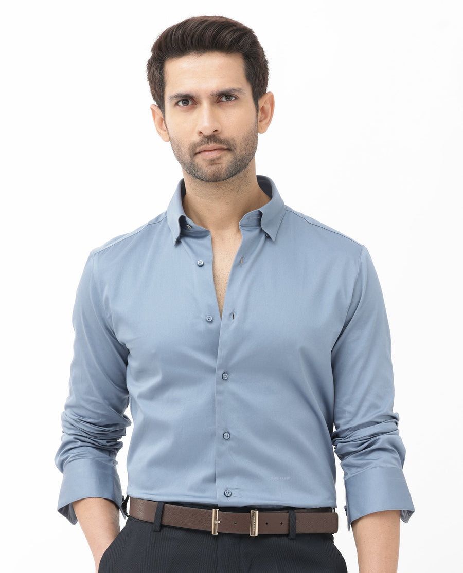 Rare Rabbit Men's Como4 Dusky Blue Cotton Plain Regular Fit Full Sleeve Collared Shirt
