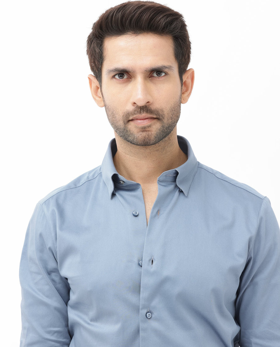 Rare Rabbit Men's Como4 Dusky Blue Cotton Plain Regular Fit Full Sleeve Collared Shirt