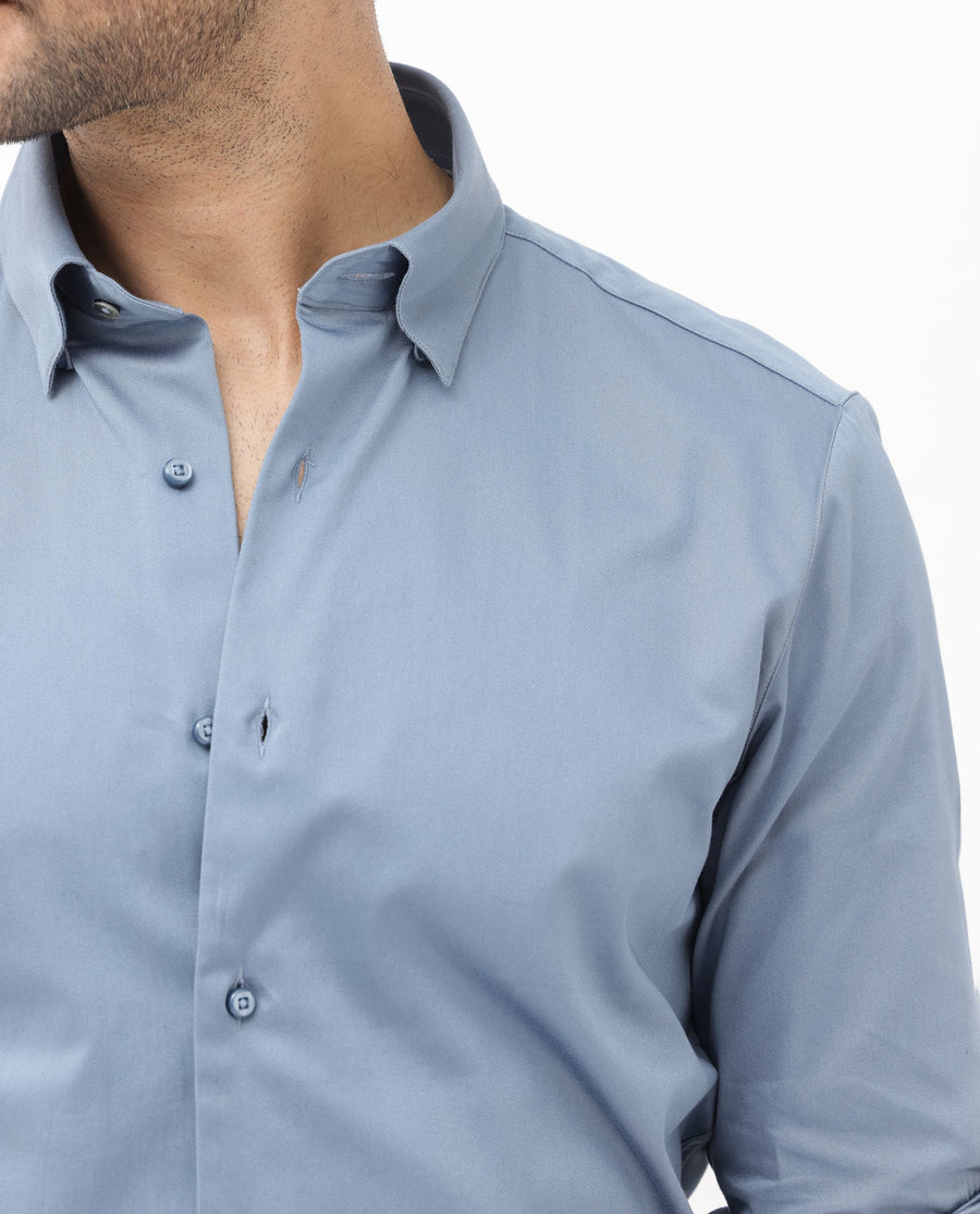 Rare Rabbit Men's Como4 Dusky Blue Cotton Plain Regular Fit Full Sleeve Collared Shirt