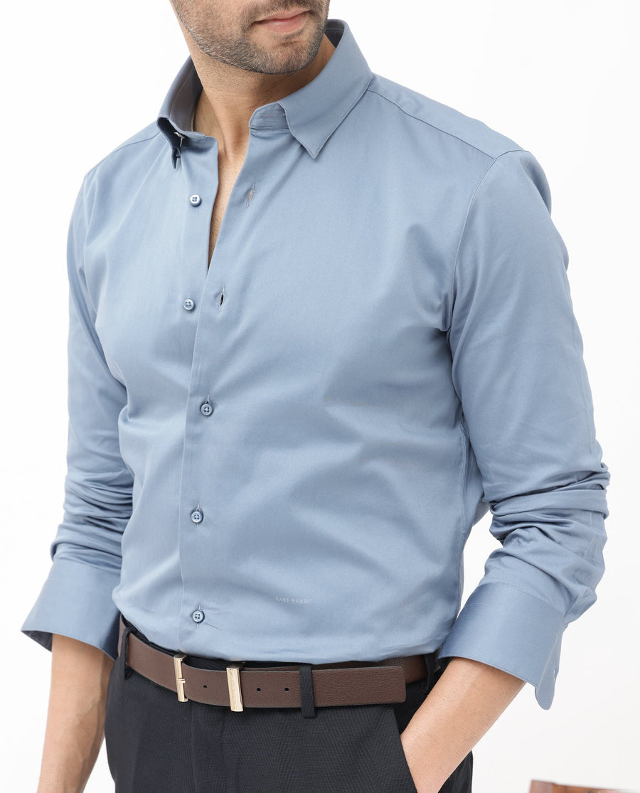 Rare Rabbit Men's Como4 Dusky Blue Cotton Plain Regular Fit Full Sleeve Collared Shirt