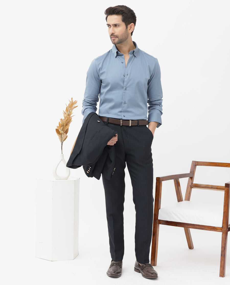 Rare Rabbit Men's Como4 Dusky Blue Cotton Plain Regular Fit Full Sleeve Collared Shirt