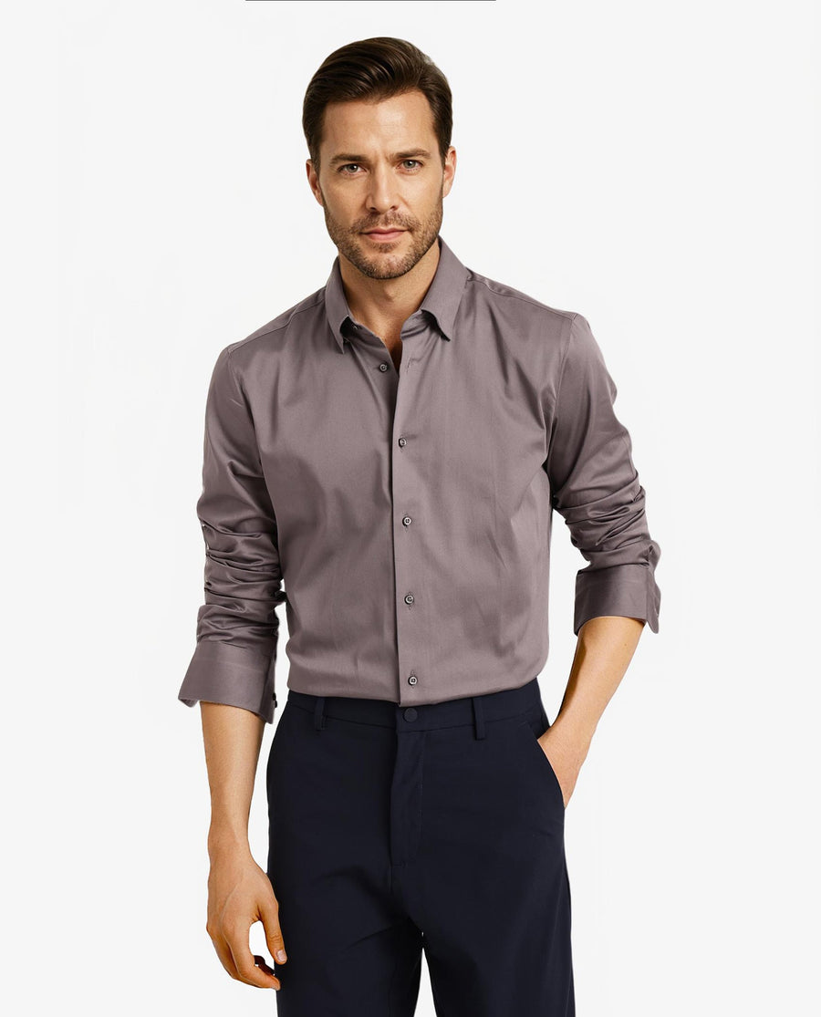 Rare Rabbit Men's Como-5 Dusky Grey Satin Plain Regular Fit Full Sleeve Collared Shirt