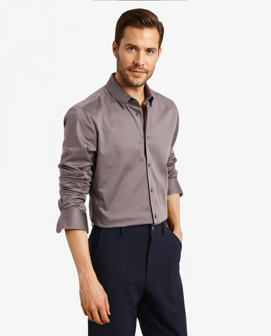 Rare Rabbit Men's Como-5 Dusky Grey Satin Plain Regular Fit Full Sleeve Collared Shirt