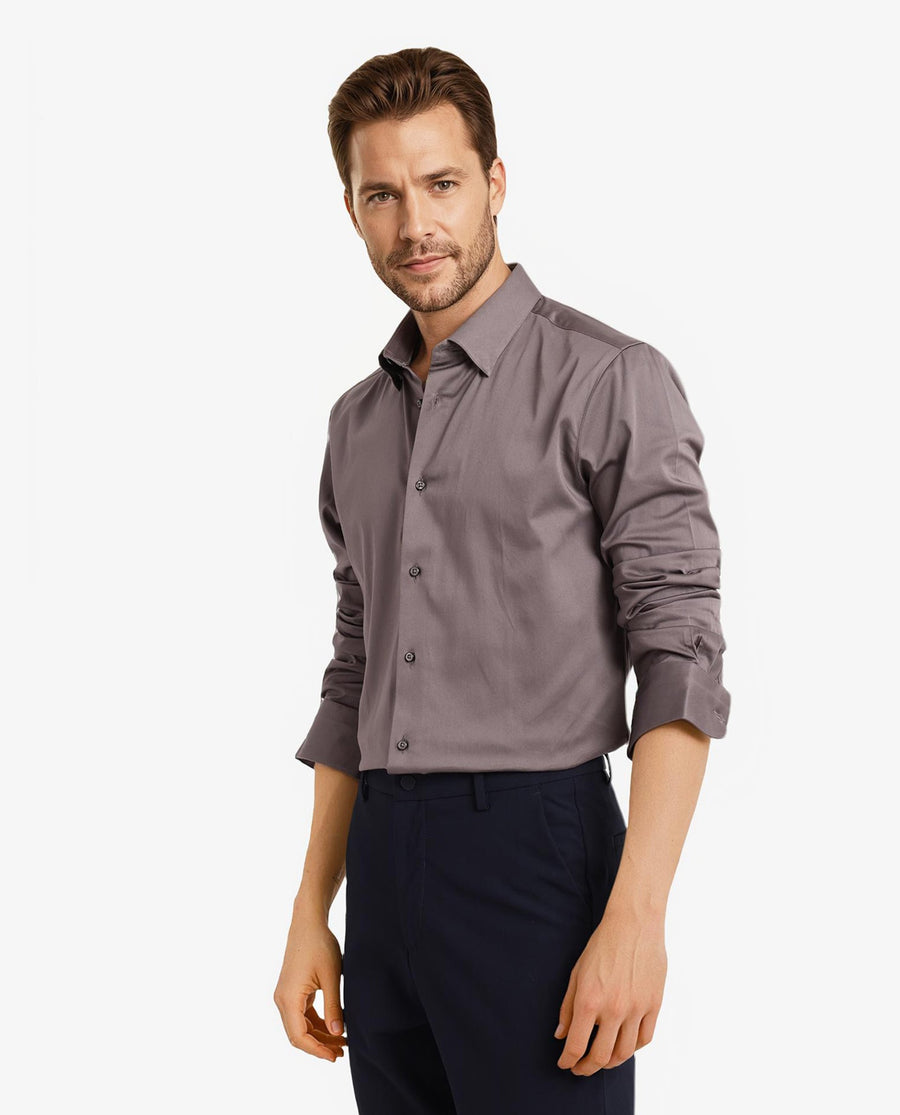 Rare Rabbit Men's Como-5 Dusky Grey Satin Plain Regular Fit Full Sleeve Collared Shirt