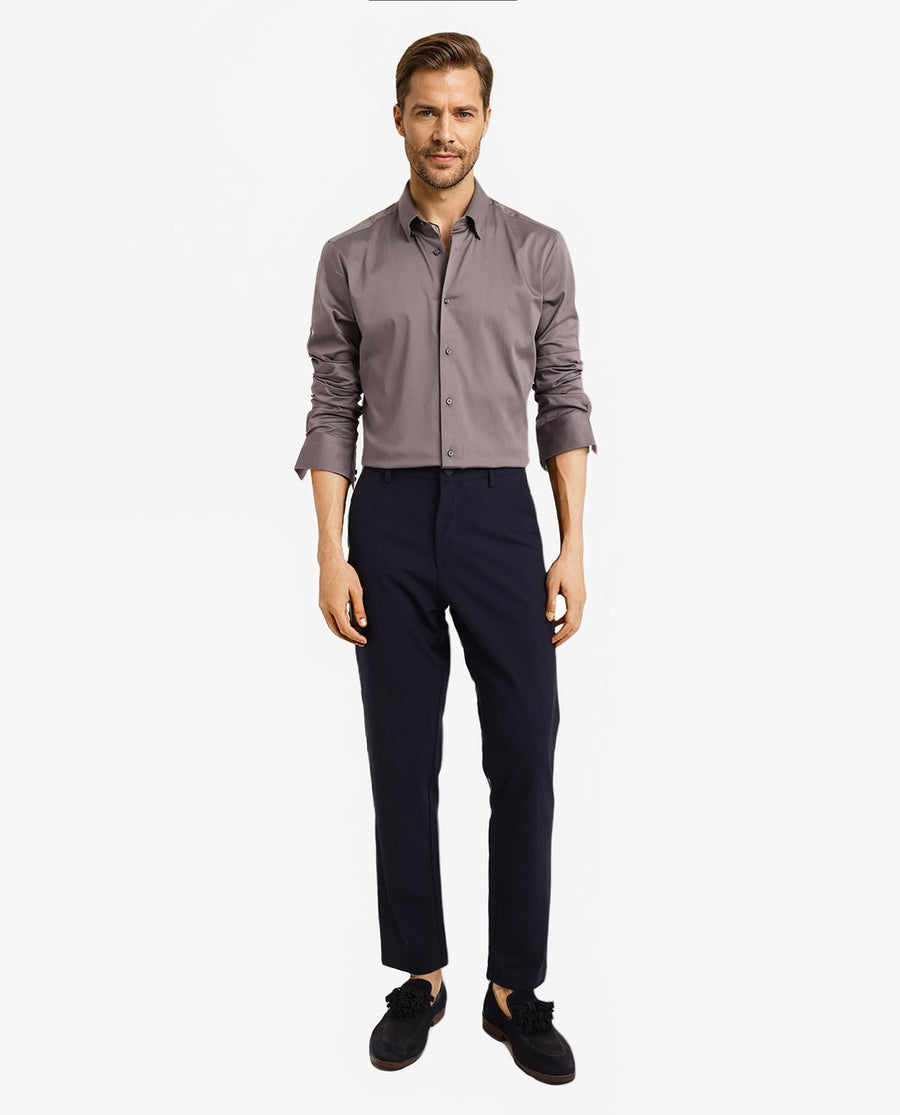 Rare Rabbit Men's Como-5 Dusky Grey Satin Plain Regular Fit Full Sleeve Collared Shirt