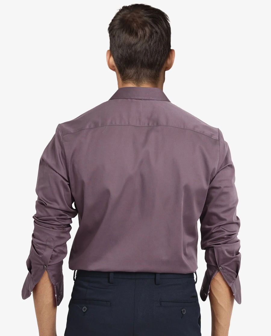 Rare Rabbit Men's Como-5 Dusky Maroon Satin Plain Regular Fit Full Sleeve Collared Shirt