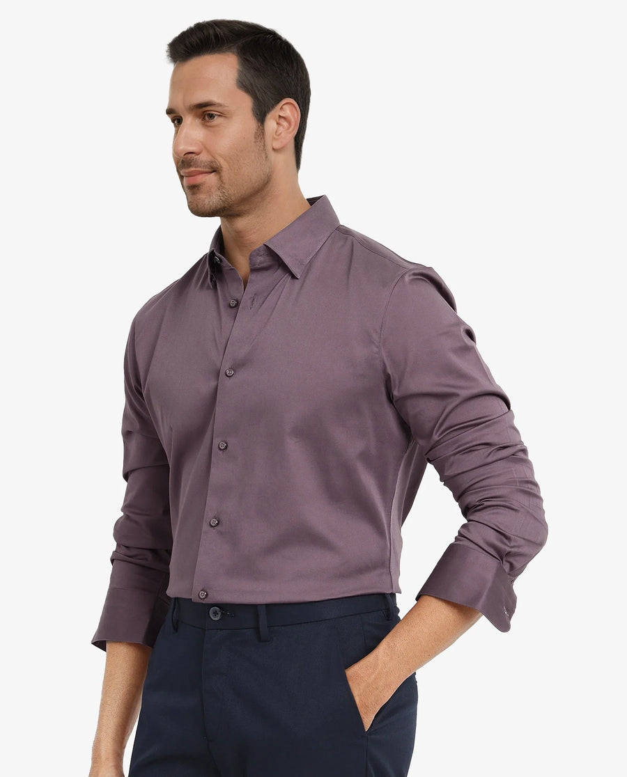 Rare Rabbit Men's Como-5 Dusky Maroon Satin Plain Regular Fit Full Sleeve Collared Shirt