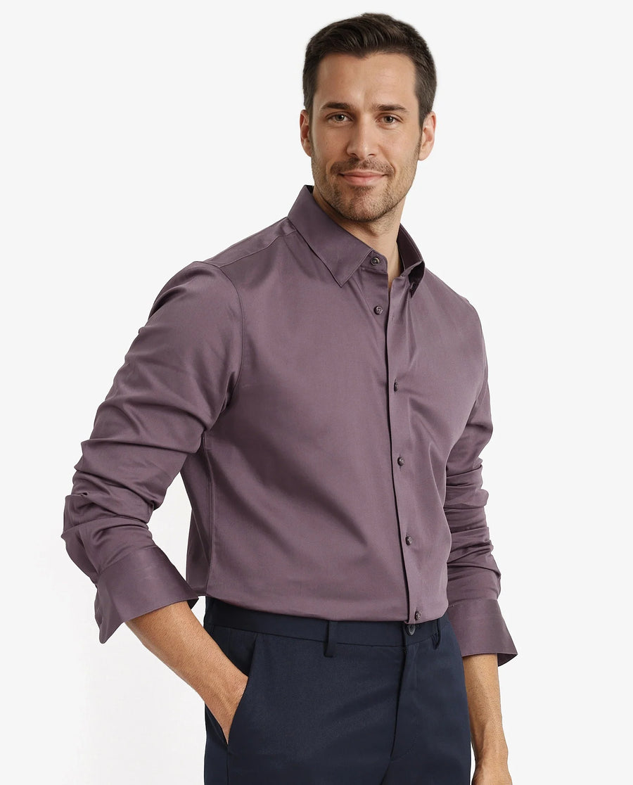 Rare Rabbit Men's Como-5 Dusky Maroon Satin Plain Regular Fit Full Sleeve Collared Shirt