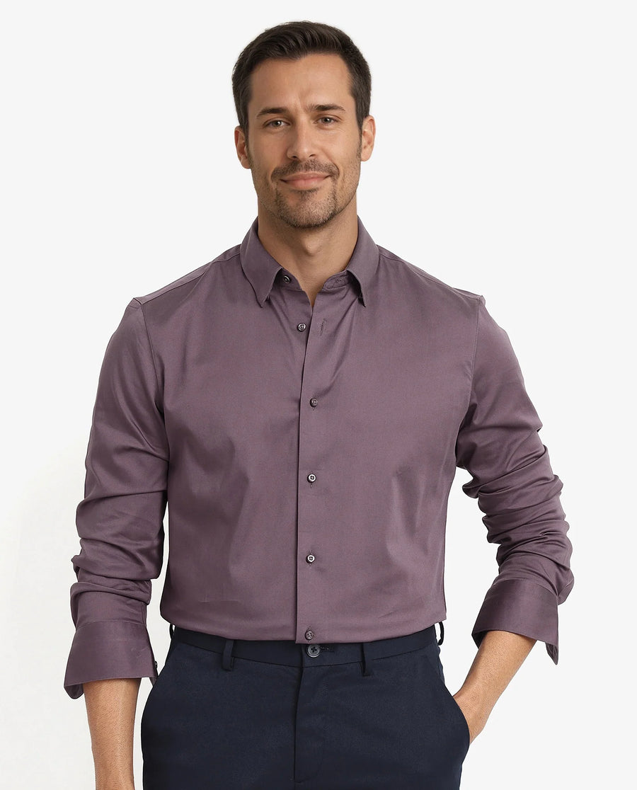 Rare Rabbit Men's Como-5 Dusky Maroon Satin Plain Regular Fit Full Sleeve Collared Shirt