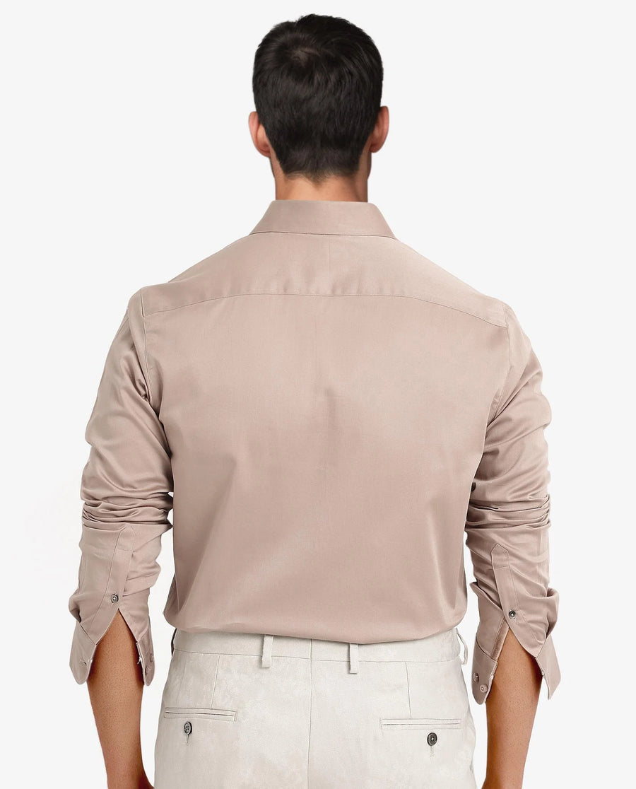 Rare Rabbit Men's Como-5 Dusky Peach Satin Plain Regular Fit Full Sleeve Collared Shirt