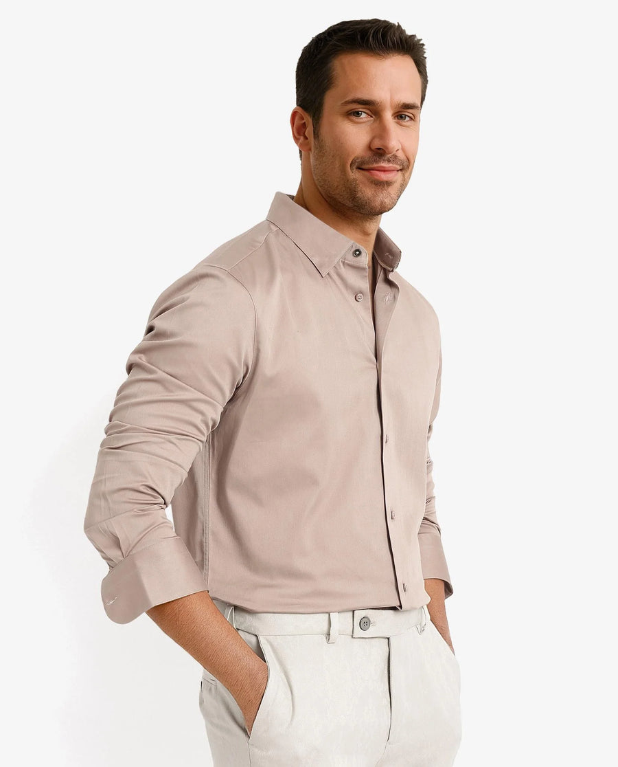 Rare Rabbit Men's Como-5 Dusky Peach Satin Plain Regular Fit Full Sleeve Collared Shirt