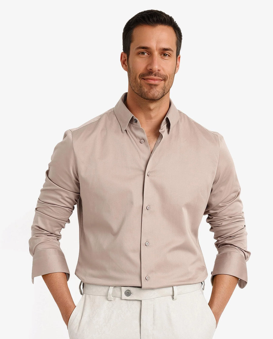 Rare Rabbit Men's Como-5 Dusky Peach Satin Plain Regular Fit Full Sleeve Collared Shirt