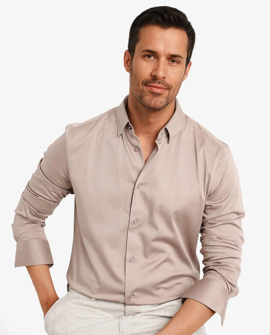 Rare Rabbit Men's Como-5 Dusky Peach Satin Plain Regular Fit Full Sleeve Collared Shirt