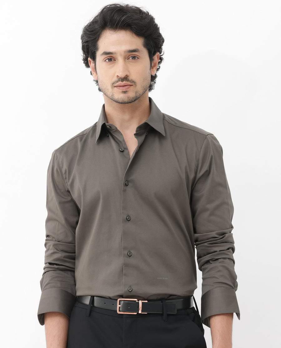Rare Rabbit Men's Como-4 Dusky Olive Cotton Plain Regular Fit Full Sleeve Collared Shirt